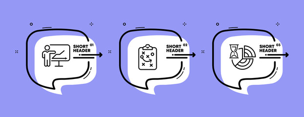 Meeting set icon. Conference, report, statistics, chart, hourglass, clipboard, employee. Business concept. Infographic timeline with icons and 3 steps. Vector line icon for Business and Advertising