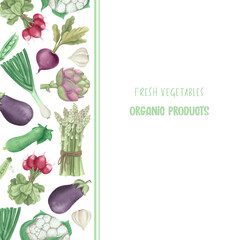 Frame, border with fresh vegetables on white background. Asparagus, aubergine, artichoke, cucumber, radish, garlic, cauliflower, leek, beetroot, green peas. Template for a label, tag, card, poster or