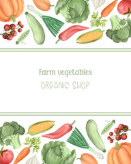 Frame with fresh vegetables on white background. Bell peppers, broccoli, cabbage, corn, cherry tomatoes, green peas, pumpkin, carrot, zucchini, leek, garlic. Template for a label, tag, card, poster or
