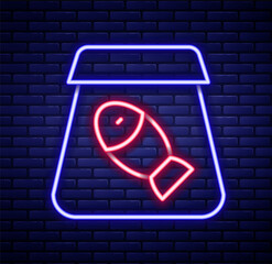 Glowing neon line Online ordering and fast food delivery with fish icon isolated on brick wall background. Colorful outline concept. Vector