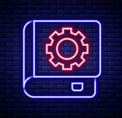 Glowing neon line User manual icon isolated on brick wall background. User guide book. Instruction sign. Read before use. Colorful outline concept. Vector