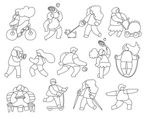Happy people doing different outdoor activities: running, dog walking, yoga, exercising, sport, cycling, walking with baby carriage. Vector illustration in doodle style, healthy lifestyle concept.