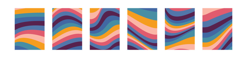 1960s 1070s style color waves cover set. Vector retro wavy background collection