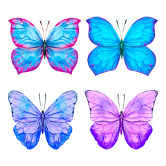 Set of bright blue and lilac butterflies with open wings, top view, isolated on white background, watercolor illustration.
