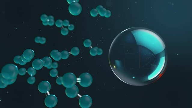 3D Animation of the hydrogen element with Hydrogen text that  symbolizes movement as an energy source of the future. Hydrogen is the fuel of the future. 