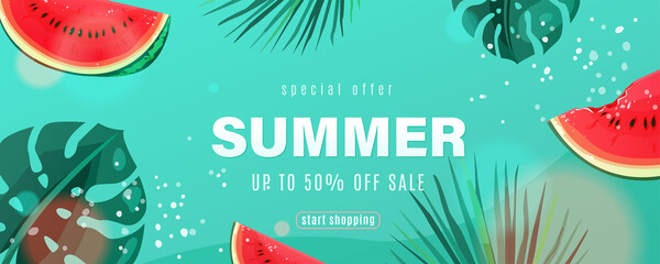 Summer sale vector background with watermelon slices, palm monstera