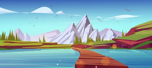 Poster River with wooden bridge in mountain valley. Vector cartoon illustration of summer landscape with green grass, firs, lake or pond with old wood pier and rocks on horizon © klyaksun
