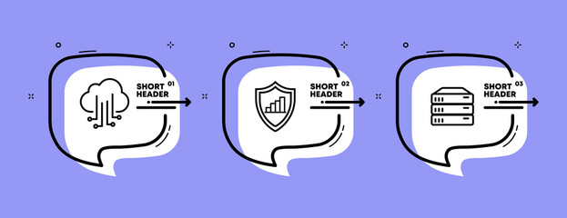 Cloud technologies set icon. Server, storage, protection, communication, remote, sync. Internet concept. Infographic timeline with icons and 3 steps. Vector line icon for Business and Advertising
