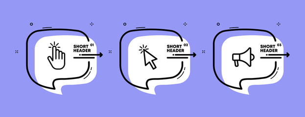 Web site buttons set icon. Click, push, hand, cursor, mouse, share, repost. Business concept. Infographic timeline with icons and 3 steps. Vector line icon for Business and Advertising