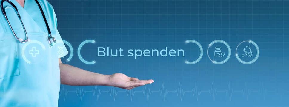 Blut spenden. Arzt streckt Hand aus. Interface mit Text und Icons. Medizin digital