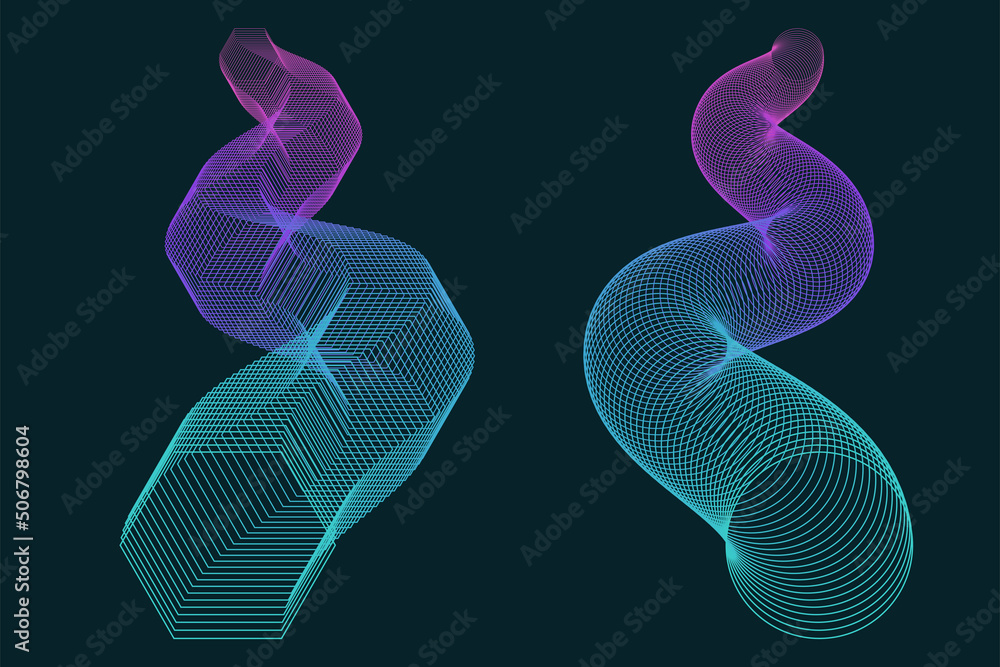 Poster vector set for design on a dark background. a winding 3d tunnel made of geometric shapes.