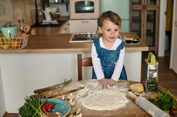 dad mom and their daughter cook pizza together in the kitchen. The concept of a happy family