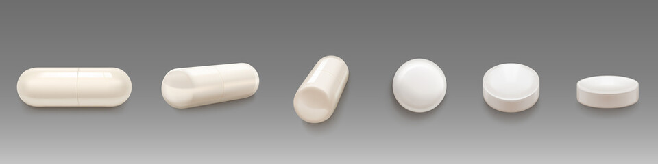 White medical pills and capsules in different views. Vector realistic 3d mockup of pharmaceutical drugs, round tablets and capsules. Set of medicaments, pharmacy remedies for cure and treatment - obrazy, fototapety, plakaty