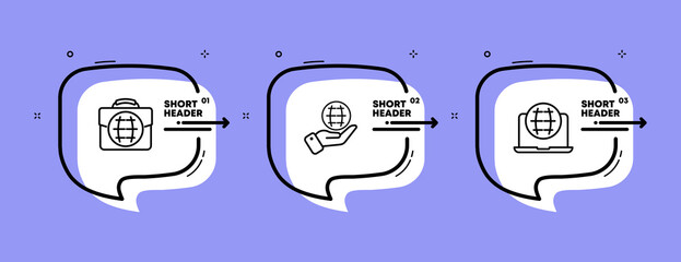 Work around the world set icon. Planet, briefcase, hand, internet, online, remote, laptop. Business concept. Infographic timeline with icons and 3 steps. Vector line icon for Business and Advertising