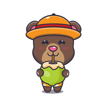 Cute bear cartoon mascot character drink coconut