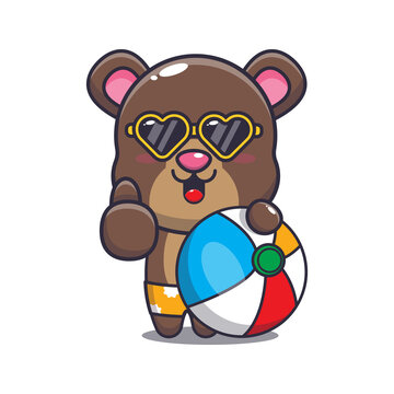 Cute bear cartoon mascot character with beach ball