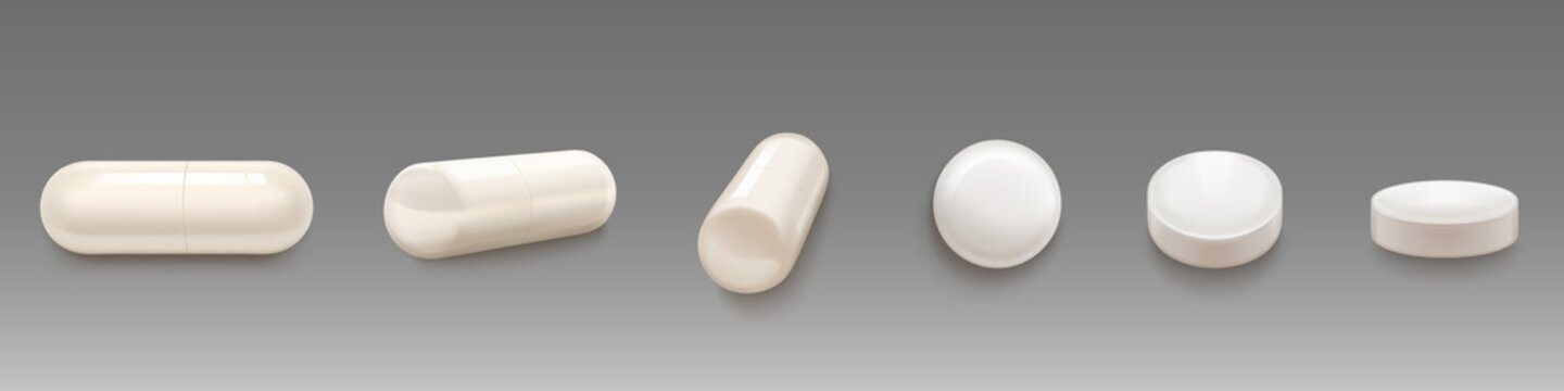 White medical pills and capsules in different views. Vector realistic 3d mockup of pharmaceutical drugs, round tablets and capsules. Set of medicaments, pharmacy remedies for cure and treatment