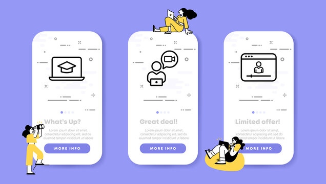 Online education set icon. laptop, video call, website, platform, student. Knowledge concept. UI phone app screens with people. Vector line icon for Business and Advertising