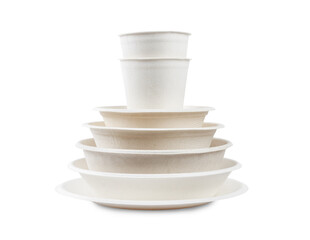 Unbleached plant fiber food box and paper cup isolated on white. Save clipping path. Natural fiber eco food and drink packaging.