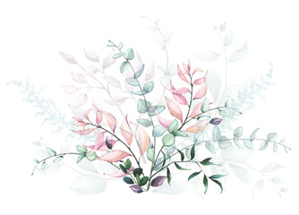 Watercolor arrangement with blue, green, turquoise, violet, pink flowers, branches, leaves, eucalyptus twigs.