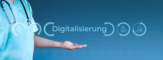 Digitalisierung im Gesundheitswesen. Arzt streckt Hand aus. Interface mit Text und Icons. Medizin...