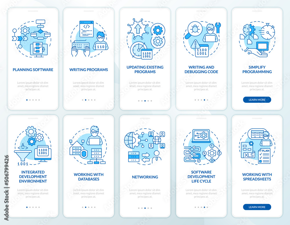Wall mural professional programmer skills blue onboarding mobile app screen set. walkthrough 5 steps graphic in