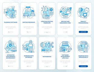 Professional programmer skills blue onboarding mobile app screen set. Walkthrough 5 steps graphic instructions pages with linear concepts. UI, UX, GUI template. Myriad Pro-Bold, Regular fonts used