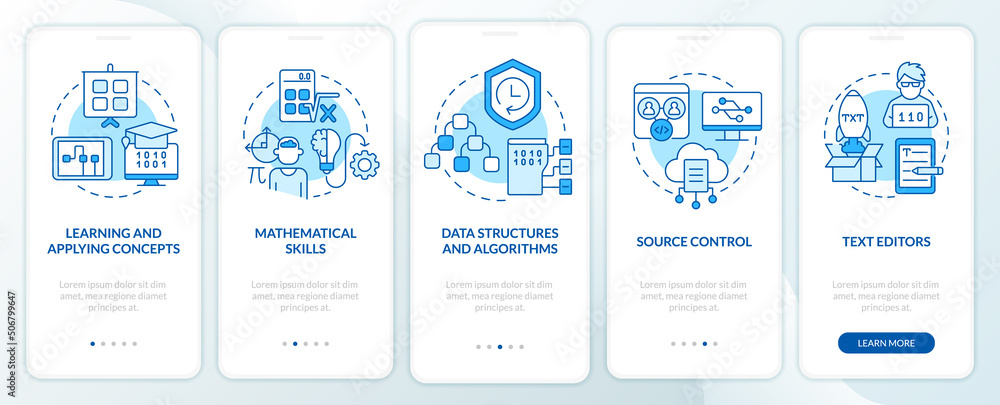 Wall mural program development skills blue onboarding mobile app screen. walkthrough 5 steps graphic instructio