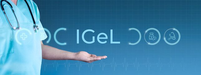 IGeL (Individuelle Gesundheitsleistungen). Arzt streckt Hand aus. Interface mit Text und Icons....
