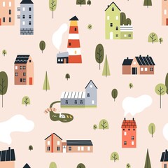 Scandinavian houses pattern. Seamless background with cute homes, city and town buildings, lighthouse, trees. Nordic endless texture design. Scandi repeating print. Colored flat vector illustration © Good Studio