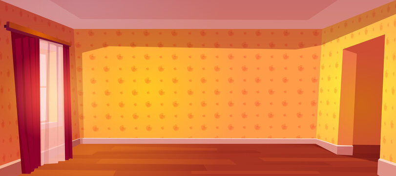 Fototapeta Empty living room or bedroom in home, hotel, or apartment. Vector cartoon illustration of blank interior with doorway, curtains on window, wooden floor and vintage wallpapers
