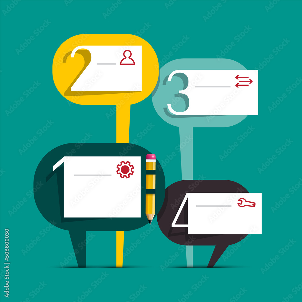 Poster four steps infographic design with icons on empty paper and pencil - vector