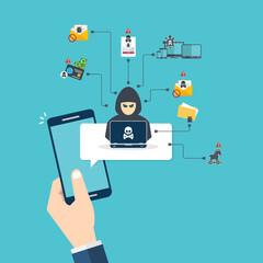 Hacker notification on mobile phone. Smartphone with hacker attack alert.	