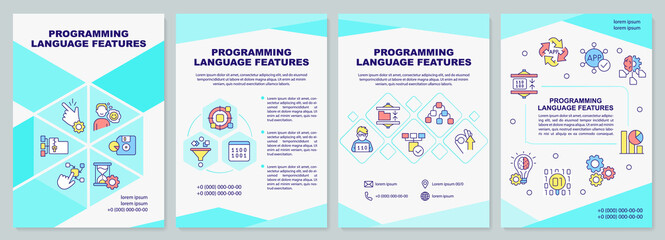 Naklejka na ściany i meble Programming language features brochure template. Writing code. Leaflet design with linear icons. 4 vector layouts for presentation, annual reports. Arial-Black, Myriad Pro-Regular fonts used