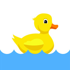 cute yellow rubber duck in water, isolated on white background, vector illustration
