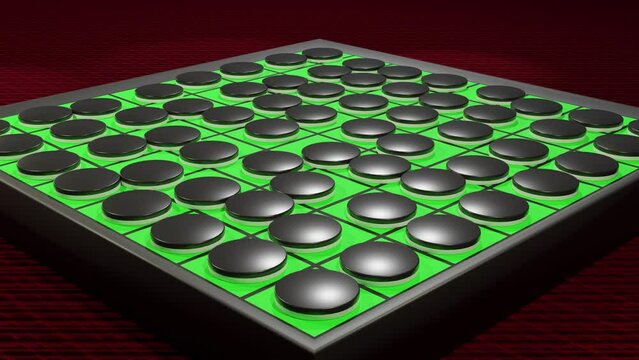 1つのオセロの黒が全ての白を連鎖的に返していくアニメーション動画
