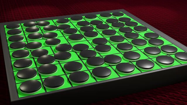 1つのオセロの黒が全ての白を連鎖的に返していくアニメーション動画
