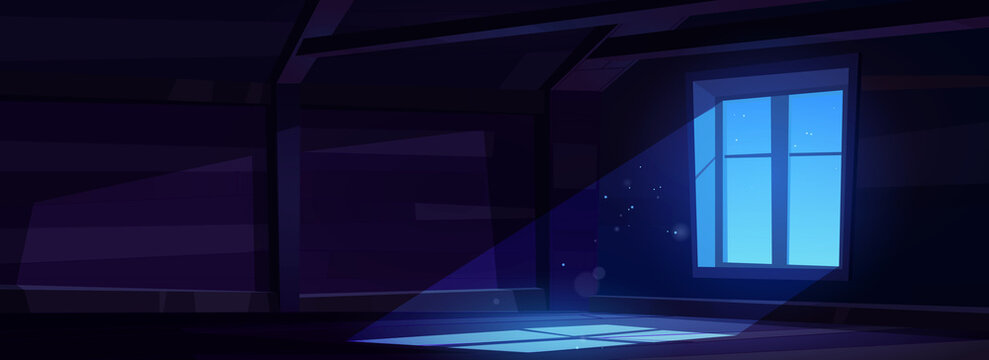 Empty house attic at night. Blank storage under roof of residential building. Vector cartoon interior of dark garret, mansard with wooden beams, floor, window and dust flying in moonlight