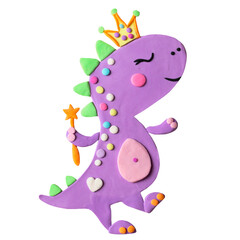 Cute sweet cartoon purple violet lovely adorable dinosaur prehistoric animal predator girl fairy with. crown and magic wand. Handmade craft nursery illustration