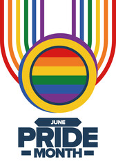 Pride Month in June. LGBT flag. Lesbian Gay Bisexual Transgender. Celebrated annual. Rainbow colours, love concept. Human rights and tolerance. Poster, banner and background. Vector illustration