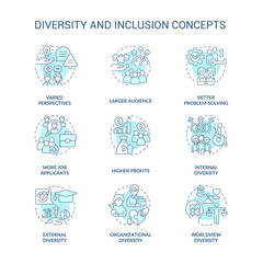 Diversity and inclusion turquoise concept icons set. Varied perspectives idea thin line color illustrations. Isolated symbols. Editable stroke. Roboto-Medium, Myriad Pro-Bold fonts used