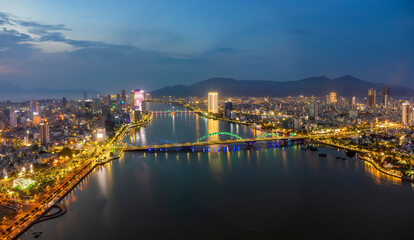 Aerial view of Da Nang dragon bridge at night.