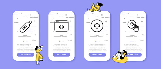 Medication set icon. Thermometer, treat, medical site, hand, consultation, doctor. Healthcare concept. UI phone app screens with people. Vector line icon for Business and Advertising