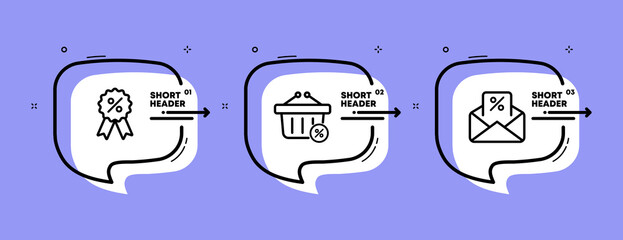 Cheap shopping set icon. Price tag, shopping cart, percentage, envelope, letter, cashback. Sale concept. Infographic timeline with icons and 3 steps. Vector line icon for Business and Advertising