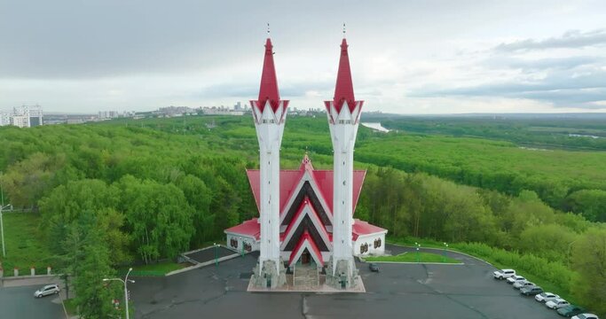 Lala Tulpan white marble mosque in Ufa. Aerial drone view at summer sunny sunset