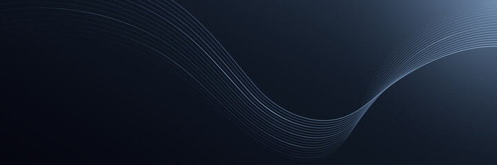 Abstract flowing wave lines on dark background. Dynamic motion wave lines design element. Modern futuristic gradient flow lines. Suit for banner, poster, cover, website, header. Vector illustration - obrazy, fototapety, plakaty