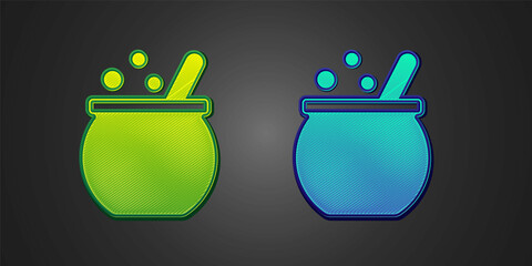 Green and blue Halloween witch cauldron icon isolated on black background. Happy Halloween party. Vector