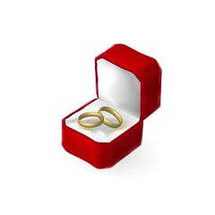 Wedding rings in a red box, realistic 3d vector illustration isolated on white background. Symbol of engagement, wedding, marriage.