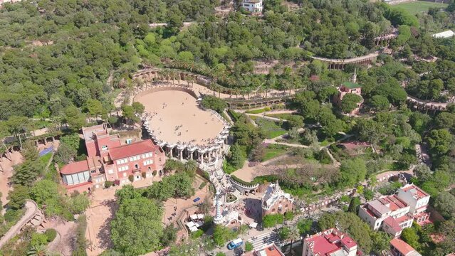 Barcelona, Spain: Aerial view of capital city of Catalonia, Teatre grec del Parc G&uuml;ell - landscape panorama of Europe from above