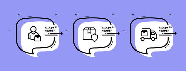 Deliver a parcel set icon. Customer, courier, box, packaging, machine, delivery, logistics. Shopping concept. Infographic timeline with icons and 3 steps. Vector line icon for Business and Advertising